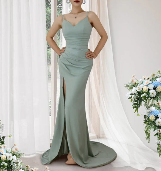 Seafoam Green Spaghetti-Strap Prom Dress with Pleated Slit